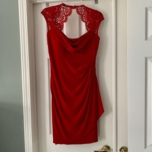 Red dress with ruching and lace detail